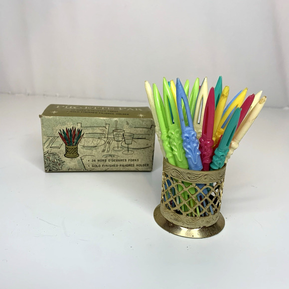MCM Pick-Ette Pack Appetizer Fork Set 24 Plastic Forks With Gold Tone Holder - Picture 1 of 8